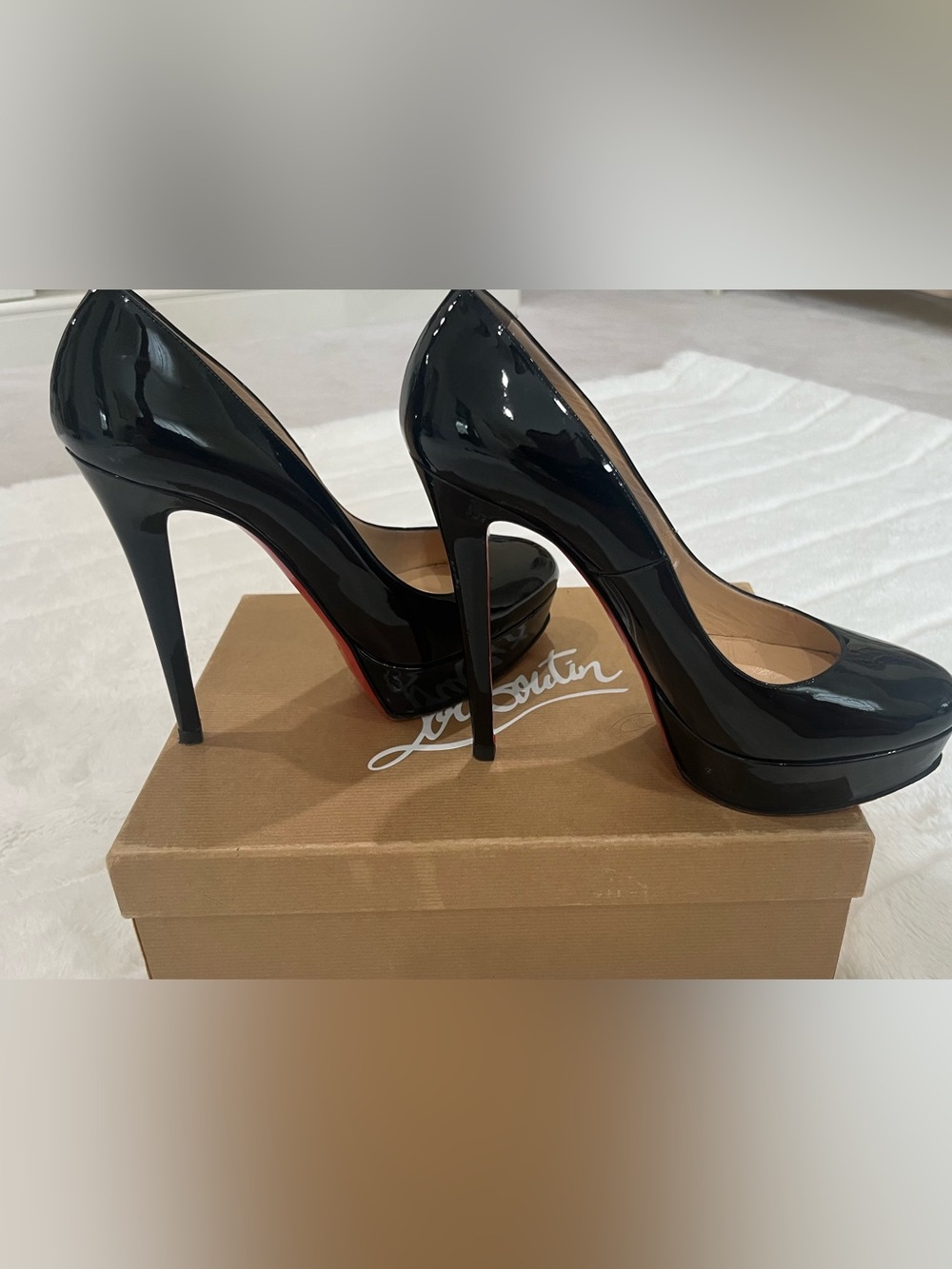 Christian Louboutin Black Patent Platform Stiletto Pumps with Red Sole